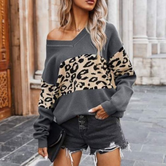 Sweaters - Leopard Color Block v neck Oversized Sweater top